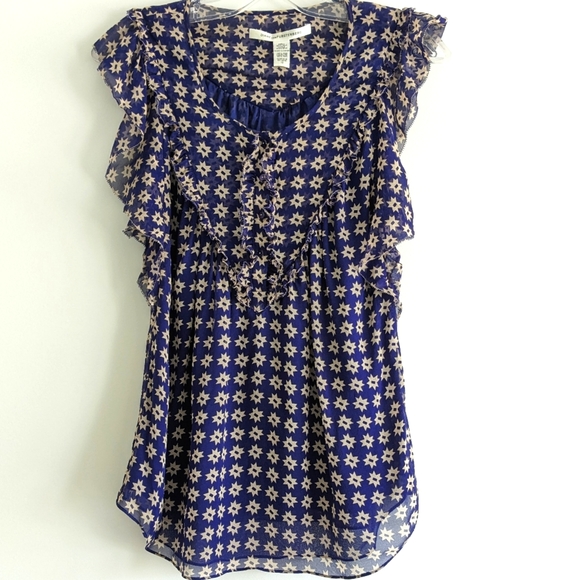 Diane von Furstenberg star print flutter sleeve silk top Navy Size 10 - Picture 3 of 12